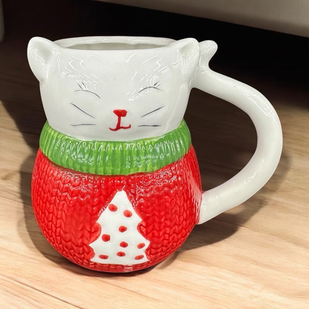 Cupcakes & Cashmere At Home “White Kitten In Red Christmas Sweater” Holiday Mug